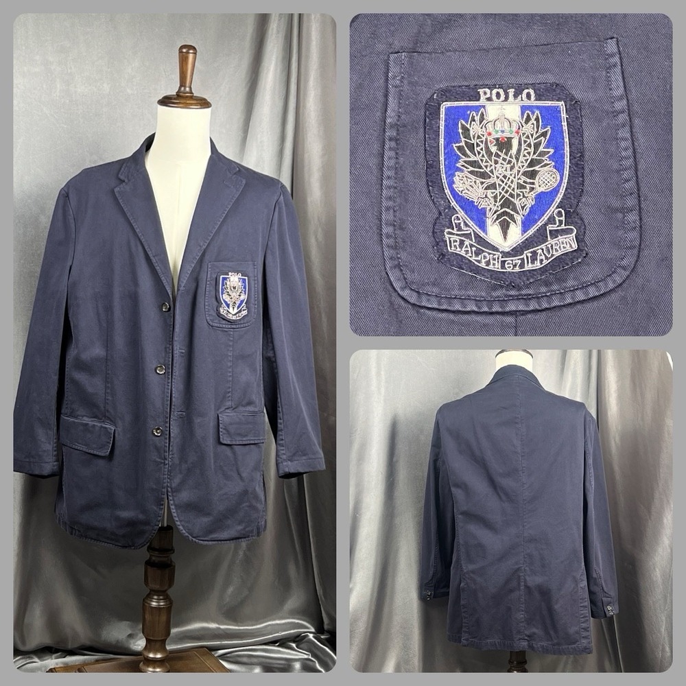 Polo Ralph Lauren Navy '67 Bird Crest Sport Coat Blazer Lg Cotton VTG 80s *READ